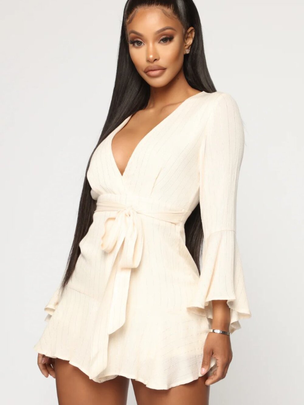Fashion Nova Ivory & Glitter thread Romper with ruffle sleeve